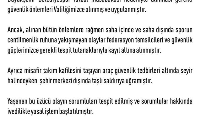 Elazığ Valiliği’nden maç sonrası açıklama