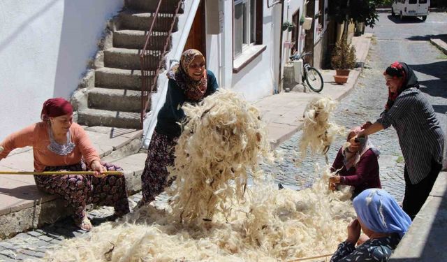 Kadın muhtar başlattı: Yünleri imece usulü havalandırıyorlar