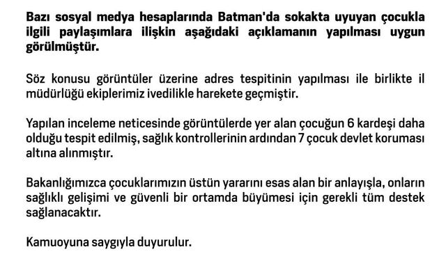 Batman’da sokakta uyuyan çocuk ve 6 kardeşi devlet koruması altına alındı