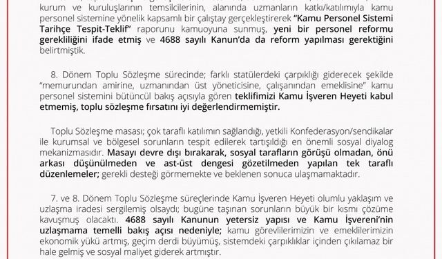 Memur-Sen Başkanlar Kurulu: "Türkiye Yüzyılı’na yakışır, 4688 sayılı Kanunu’nda ivedi reform yapılması çağrısında bulunuyoruz"