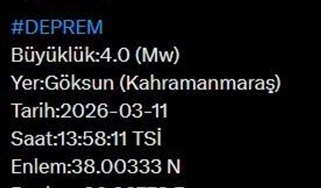 AFAD duyurdu: Kahramanmaraş'ta 4 büyüklüğünde deprem